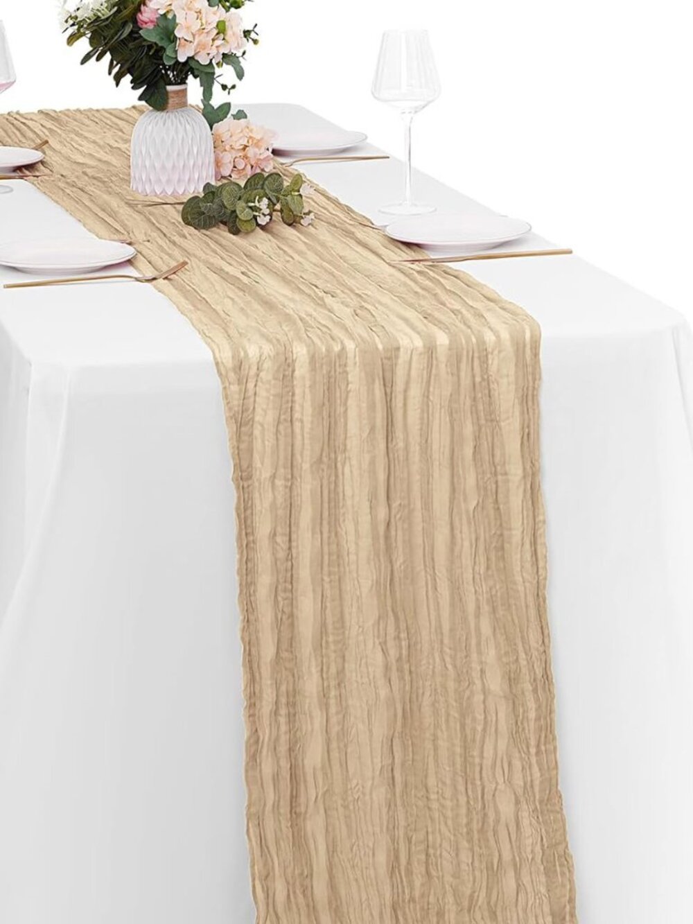 set of eight beige cheesecloth table runners 20x120 inch